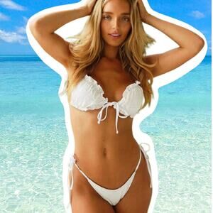 New XL White Velour Velvet Ruched Ruffle Side Tie Bikini Swimsuit Y2k‎ Cheeky